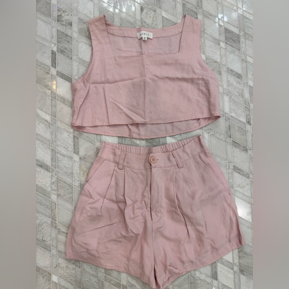 Pink Linen Crop Top and Shorts Set